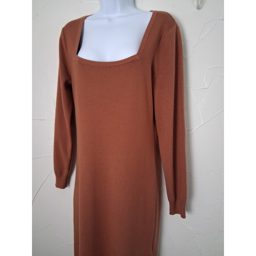 Rachel Zoe Brown Rib Knit Long Sleeve Square Neck Maxi Sweater Dress Size Large - Picture 3 of 8